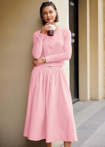 Image of Panadila Womens 2 Piece Lounge Sets Matching Vacation Outfits Ribbed Button Down Cardigan and Elastic Waist Skirt Sets (Baby Pink,M)