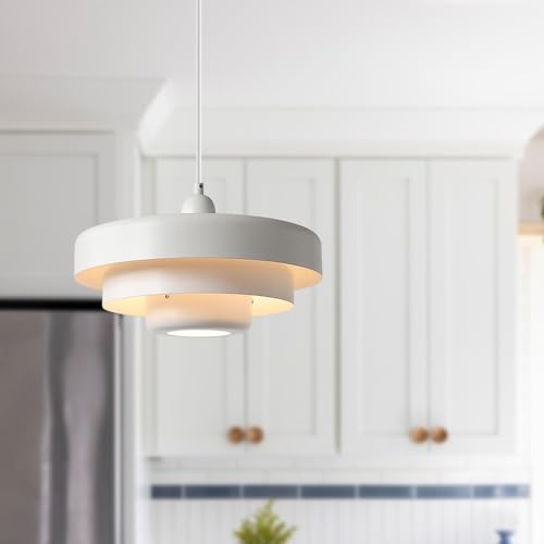 Image of 2-Pack Industrial Pendant Lights, 13.8 Inch Vintage White Metal Dome Hanging Lights for Kitchen Island, Mid Century Modern Ceiling Fixtures for Restaurant, Aisle
