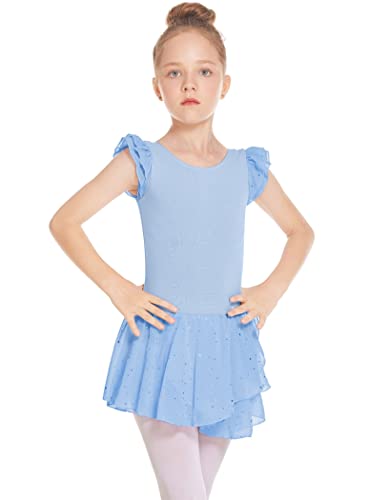 Flypigs Girl Ballet Jersey Children Broad Danse Body with Glitter Murffon Tütü Enfants Dance Costume Ballet Jersey Jerselet Light Blue 130 (4-5 Ans) Cover