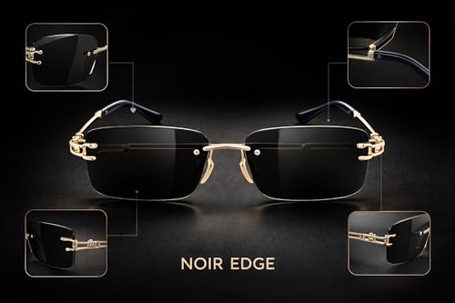 Image of FAVELA Premium Rimless Rectangular Sunglasses for Men & Women | Gold Tinted Luxury Eyewear | Lightweight Metal Frame | UV400 Protected Stylish Goggles | Medium Size