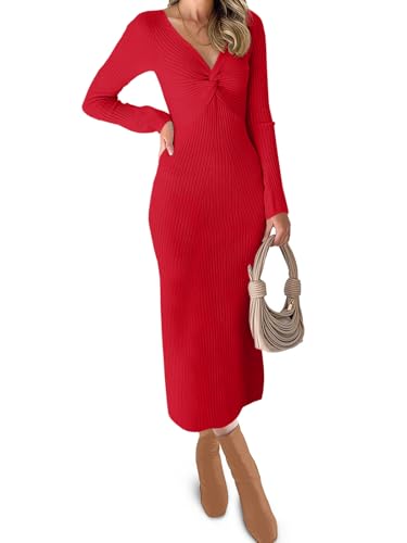 Image of RAISECOM Women Sweater Dress Long Sleeve V Neck Knit Bodycon Midi Dress