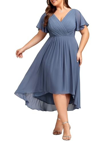 Image of Ever-Pretty Plus Summer Short Sleeves V-Neck Formal Wedding Guest Dresses for Curvy Women Chiffon Midi Cocktail Party Dress