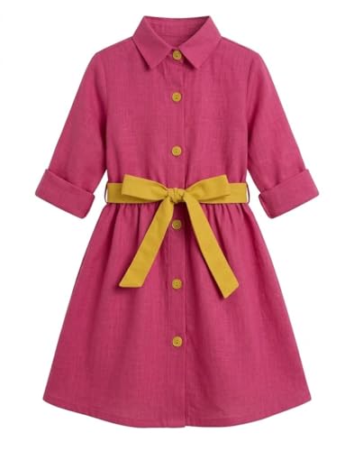 Image of A.T.U.N. (ALL THINGS UBER NICE) Girls 100% Cotton Shirt Dress with Belt | Solid Button-Down Dress with Collar Neck | Soft Breathable Kids Outfit for Girls