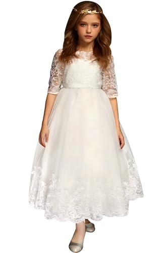 Lace Tulle Flower Girl Dresses for Wedding Long Sleeves First Communion Dress Princess Pageant Ball Gowns with Bow