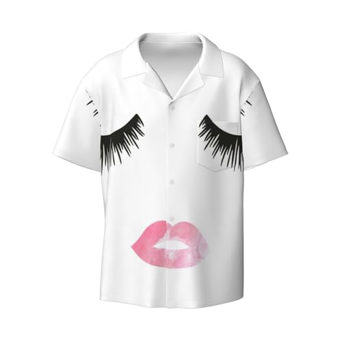 Chemise courte homme blanche décontractée boutonnée à motif lèvres tendance avec poche