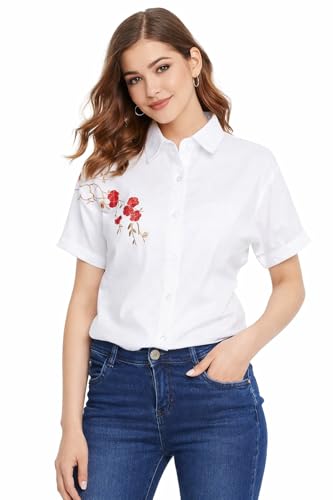 Image of MIZAGO Women's Half Sleeve Embroidered White Shirt