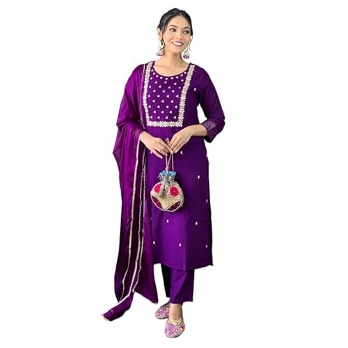 Image of Naixa Women's Viscose Embroidered Straight Kurta with Viscose Pant and Silk Blend Printed Dupatta Sets (NK-430)