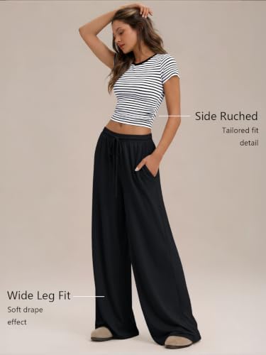 Image of Trendy Queen 2 Piece Matching Summer Lounge Set Womens Side Ruching Top Wide Leg Pants Sets with Pockets