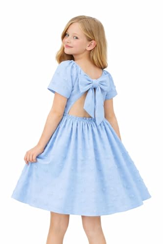 Image of HILEELANG Girls Summer Dress Bow Tie Back A-Line Party Dress for Little Big Girls Short Sleeve Dress with Lining 6-12 Years
