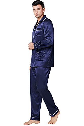Image of Lonxu Pajamas Set Mens Silk Satin Pajamas Long Sleeve Loungewear Two-Piece Sleepwear Button-Down Pj Set S-XXXXL