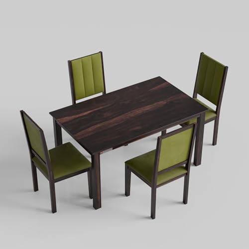Image of DRIFTINGWOOD Tiya Dining Table 4 Seater | Four Seater Dinning Table with 4 Chairs in Green Cushions for Home | Rosewood, Wanlut Finish, Self Assembly(DIY)