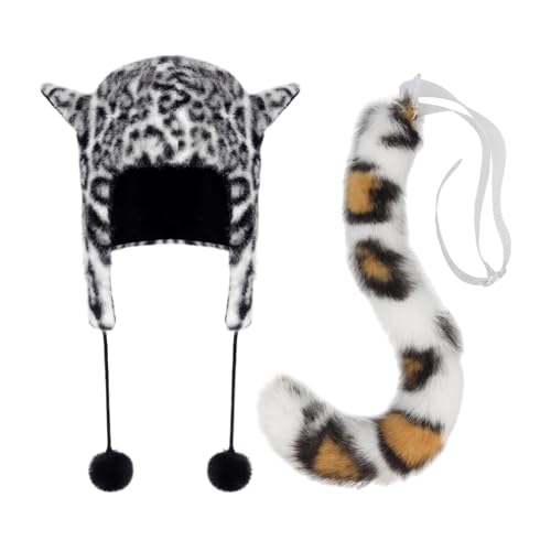 HINAYOSAN Gorro de invierno cálido para mujer, orejas de animales y cola peluda, orejeras de felpa para mujeres y niñas, Halloween, cosplay, conjunto de cola de moda