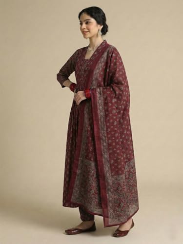 Image of ANNI Designer Women's Viscose Printed A-Line Kurta Set with Pant and Dupatta | Ethnic Wear Dress | V-Neck | 3 /4 Sleeve Indian Traditional Outfit for Women