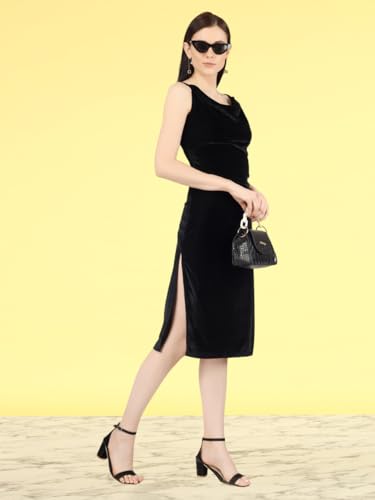 Image of Anvi Be Yourself Women's Solid Shoulder Strap Sleeveless Velvet Midi Bodycon Dress || Trendy Womens Cowl Neck Strappy Sheath Casual Dress with Side Slit || Western Plain One Piece Dress for Women