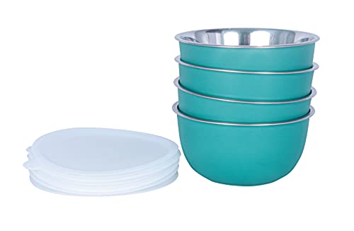 Image of Zaib Microwave Safe Stainless Steel Food Storage Bowl with Lid | Snack Serving Cooked Food Storage Container for Kitchen Capacity- 500 ML Each (Turquoise 14 cm 4 Pcs with Lid)