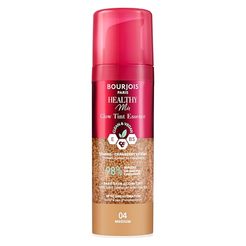 Bourjois Healthy Mix, 04 Medium, Glow Tint Essence, Effet peau nue, Fini éclatant, Hydratant teinté à la texture fraîche et légère, Formule clean et...