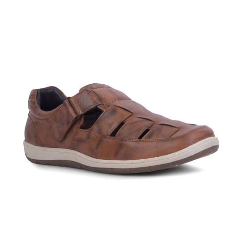 Image of Lee Cooper Men's Leather Comfort Sandal Shoes with Velcro Strap Closure, Breathable Cut-Out Design, Cushioned Insole & Lightweight Flexible Sole - Casual Everyday Walking Footwear | BLACK,