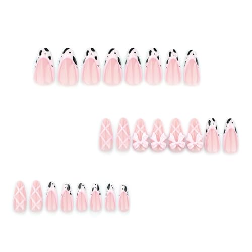 Image of Secret Lives Almond Press-On Nails - French-Style Cow Print & Pink Sweet Bow Nail Art - Cute Kawaii Almond False Nails