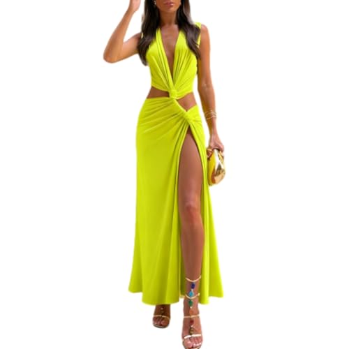 Women's Dress Green Hollow Out Long Dres Cutout Twist Sexy Slit Hem Deep V-Neck Tight Irregular Outfits