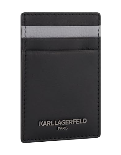 Karl Lagerfeld Paris Men's Nappa Grey Bubble Leather Iconic Logo on a Gunmetal Plate Card Holder, Black_logo4, One Size3