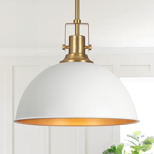 LamQee 13 Inch White and Gold Metal Pendant Light Kitchen Island, Farmhouse Modern Dome Pendant Light Fixtures Ceiling Hanging Lighting Chandelier for Dining Room Over Table, Bar, Hallway, Entryway by LamQee - Used condition - US$102.99