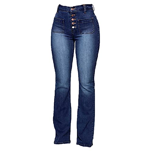 Women's High Rise Button Flare Jeans Classic Vintage Bell Bottom Denim Pants Washed Slim Boot Cut Jean Trousers