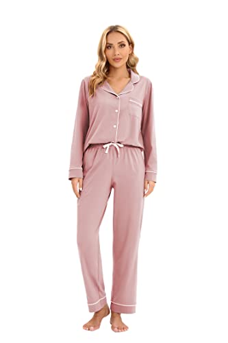 Image of LUBOT Women's Pajamas Set Cotton PJ Set for Women Long Sleeve Button-Down Shirt PJ Pants Two-piece Set Warm Night Suit Sleepwear Loungewear (Ash Pink, L)