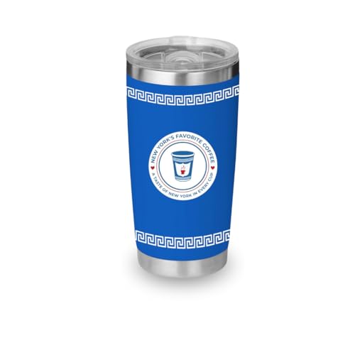 New York's Favorite Coffee New York Greek Anthora Style 20oz Blue Coffee Tumbler with Mag Lid - Logo - Spill-Proof Travel Mug with Clear Mag Lid