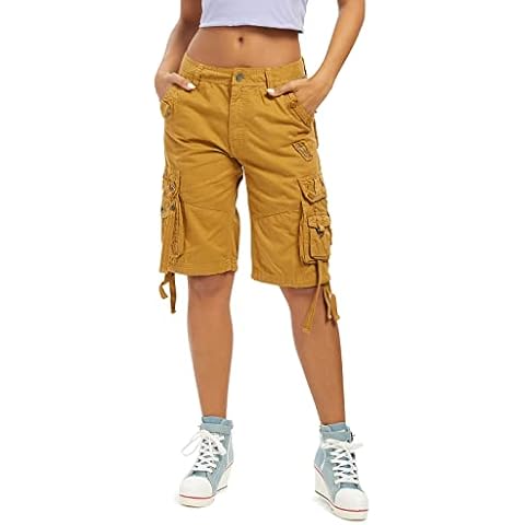 Aeslech Women's Loose Fit Cargo Shorts with Multi Pockets Cotton Bermuda Shorts Casual Summer Hiking Soil Yellow UK 24/Tag 42 Cover