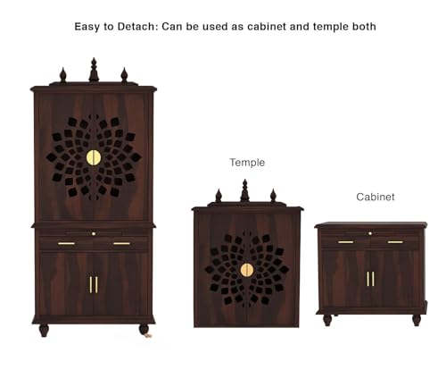 Image of Wooden Temple for Home | Big Pooja Mandir, Puja Ghar with 2 Drawer Storage, 4 Door Cabinet & Dhoop Batti Slider Stand | Solid Wood Sheesham Temple | Big puja mandir (G-Walnut)