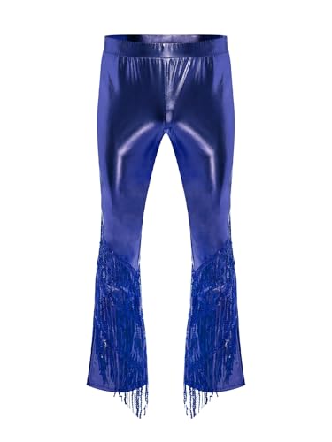 Mufeng Mens 70s Disco Metallic Shiny Long Pants Slit Bell Bottom Tiered Sequined Tassel Trousers for Raves3