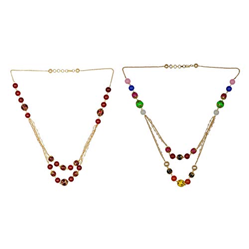 Efulgenz Pearl Chain Multi Layered Necklace Indian 14 K Gold Plated Red Faux Ruby Beads Strand Fashion Costume Jewelry (Combo 1)