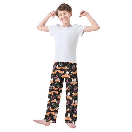 Fox and Flowers Boys Long Pants Soft Trousers Elastic Waist Kids Lounge Bottoms with Pockets S-XL2