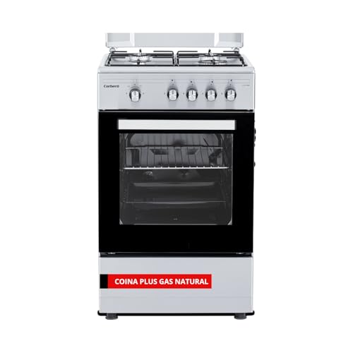Corbero - Cocina Gas Natural Plus | 50cm | CCSF45020NX | 4 Fuegos | Horno 43L con Doble Puerta de Cristal | Tapa Metal | Bandeja y Parrilla Cromada | Desconexión Automática Seguridad | Inox