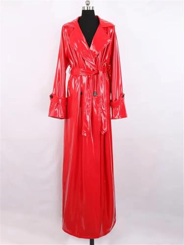 Womens Spring Extra Long Soft Red Reflective Shiny Leather Coat Double Breasted Maxi European Style Outerwear2