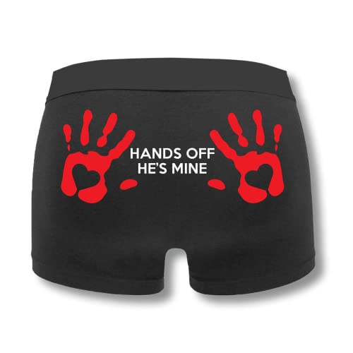 SMARTYPANTS Hands Off Hes Mine Boxers - Novelty Funny Fun Joke Keep Off Husband Partner Boyfriend Valentines Anniversary Boxer Shorts Underwear Gift Present (Medium Black Prime)