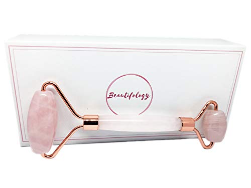 Rose Quartz Roller for Face Anti Aging Massage Skincare Tool 100% Natural Stone Lymphatic Facial Massager by Beautifology