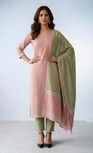 Image of Eddika women unstitched hand block printed cotton suit set with mulmul dupatta ehbpcswmd0120P