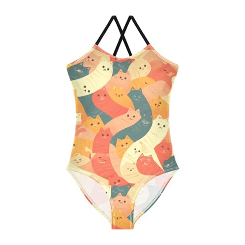 Cute Cat Cartoon Illustration Kids Girls 1-Piece Swimsuits Summer Swimwear Adjustable Shoulder Strap Quick Dry