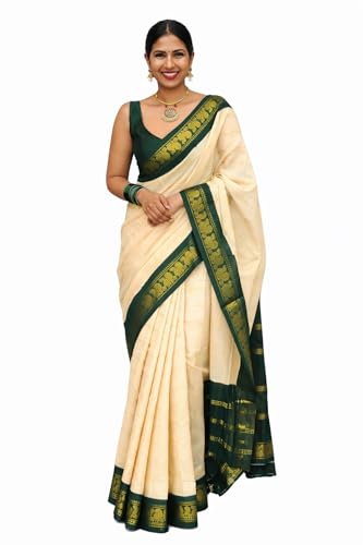 NEJADHARI ENTERPRISE Women's Kerala Kasavu Cotton Silk Blend Saree With Unstitched Blouse Piece