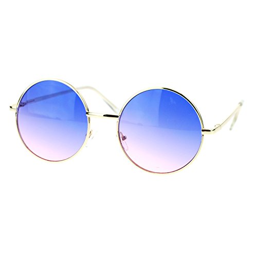 2 Tone Color Lens Retro Vintage Style Round Circle Hippie Groovy Sunglasses Blue Pink #TOP1