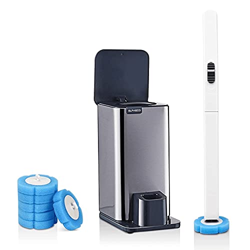 Disposable Toilet Brush and Holder Set - ELPHECO Stainless Steel Toilet Starter Kit Handle Wand, Storage Caddy with 6 Refills