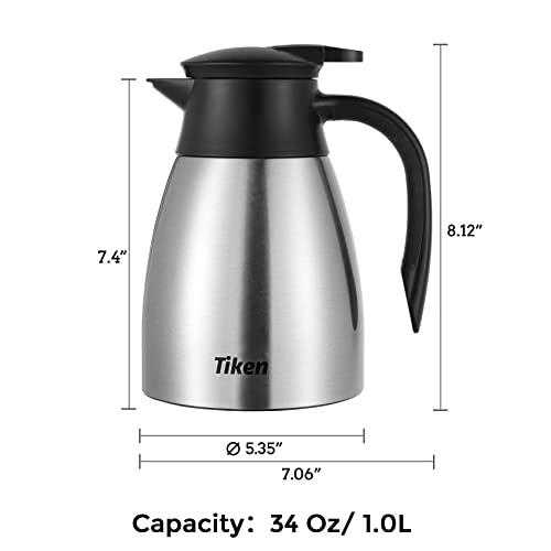 Tiken 34 Oz Thermal Coffee Carafe, Stainless Steel Insulated Vacuum Coffee Carafes For Keeping Hot, 1 Liter Beverage Dispenser (Silver) #TOP1