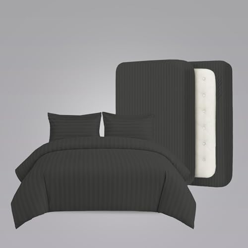 Image of LINENWALAS Cotton 300 TC Fitted Bed Sheet for Queen Bed | Signature 2 CM Sateen Stripe Design | All-Around Elastic for 4-8 Inch Mattresses |Luxury Hotel-Style Bedding (60 x 78, Dark Grey)