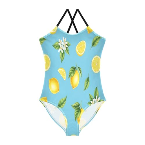 Little Girls Bathing Suits, Summer Beach Swim Suits Kids 3-10 Y, Watercolor Yellow Lemons Blue
