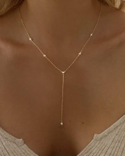 lariat necklace for womendainty gold long necklaces 14k gold plated cz lips bead y-shaped drop chain necklace simple gold layered necklaces for women trendy gold jewelry gifts for women