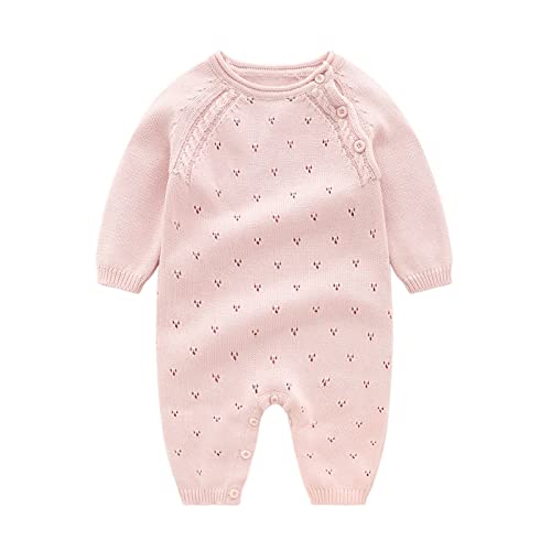 Image of Newborn Infant Baby Girls Boys Solid Spring Winter Long Sleeve Button Knit Sweater Romper Boys (Pink, 0-3 Months)
