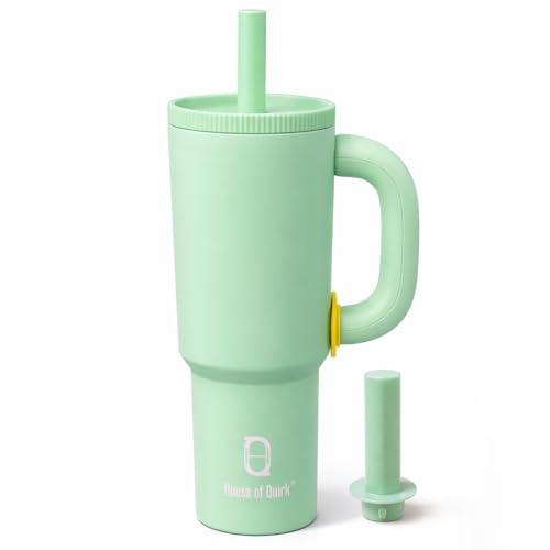 Image of House of Quirk 1200ml Stainless Steel Tumbler with Handle, Straw & Straw Cap | Leakproof Water Bottle | Large Capacity Travel Mug (Pastel Pista)