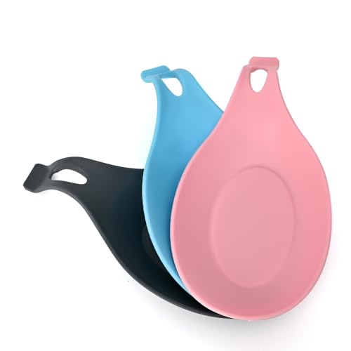 HMDZMR Spoon Rest for Stove Top, 3 Pack Large Silicone Spoon Holder for Kitchen Counter, Heat Resistant Cooking Spoon Holder, Microwave and Oven Safe (Pink, Grey, Blue)