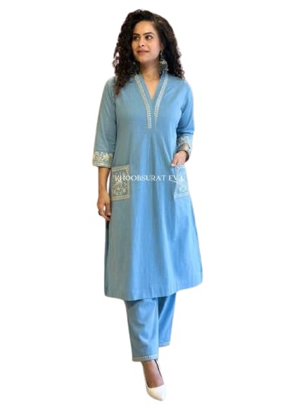 Cotton Kurti Set with Pant, V-Neck, Embroidered Pockets, 3/4 Sleeve, Regular Fit, Medium Size, Orange-image-40